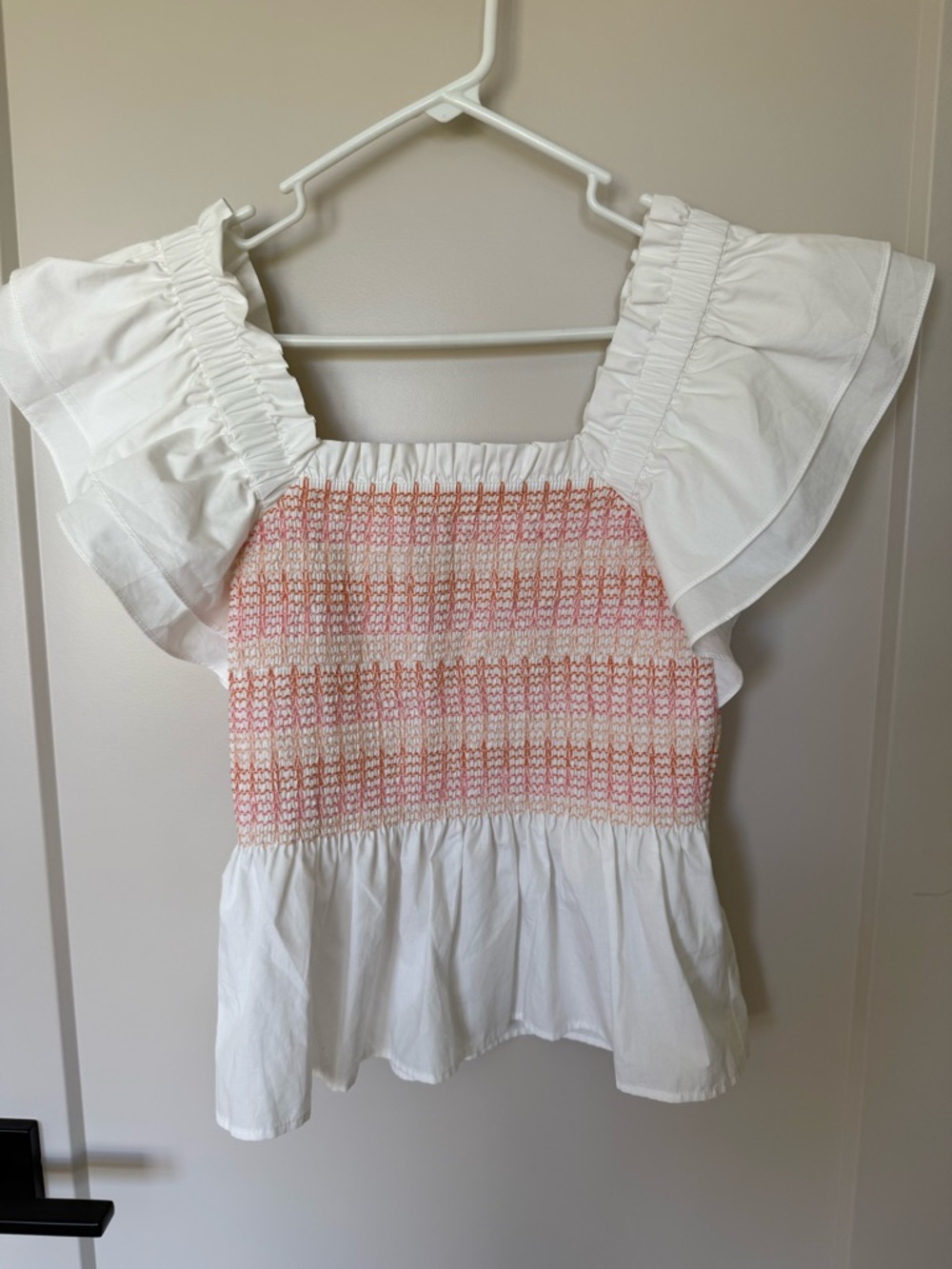 Marie Oliver White Cotton Smocked Crop Top with Pink & Peach Accents